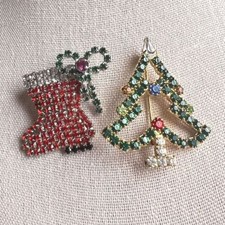 Lot of 2 Christmas Brooch Multicolor, Rhinestone, Christmas tree and boot.