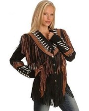 Women Western Cow Lady Antique Jacket Fringes & Bones Sweden Leather Coat