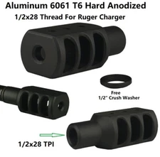 Ruger's 22 Charger Competition Muzzle Brake Suppressor 1/2x28 TPI 6061 T6 Black
