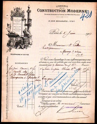 1907 Paris France - Construction Moderne - History RARE Letter Head Bill