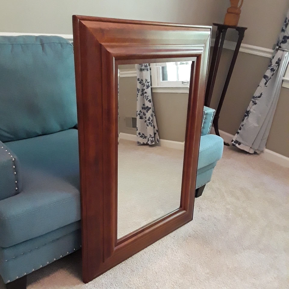 Large Cherry Wood Mirror with Beveled Glass - Image 4 of 4