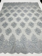 Gray, Black Mesh Lace Fabric - by yard - Corded Flower Embroider With Sequins