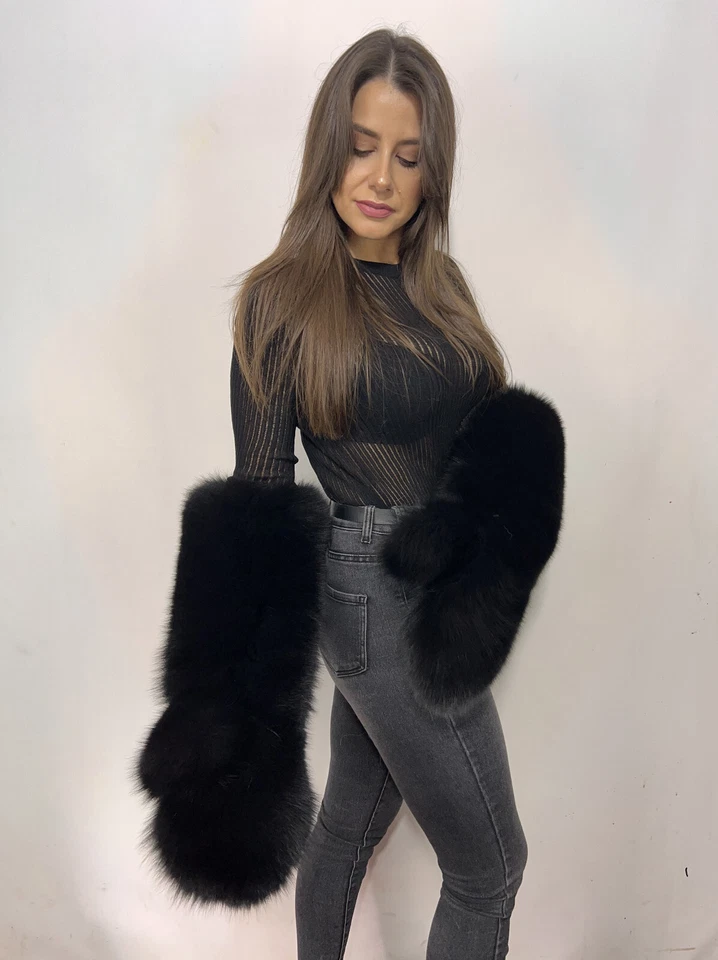 巨大狐狸毛皮长连指手套传奇毛皮喷射黑色毛皮肘长冬季手套 — 第 3/4 张图片