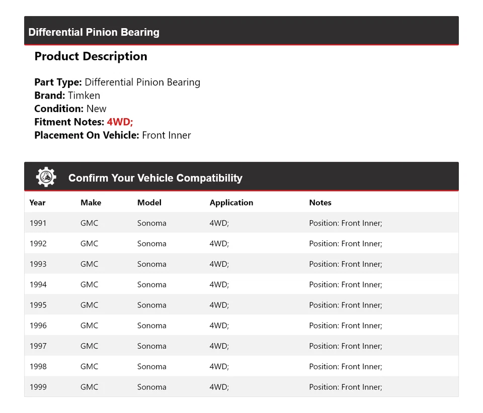 Cojinete de piñón diferencial delantero interior Timken 1992 para GMC Sonoma 1991-1999 4x4 Foto 2 de 4