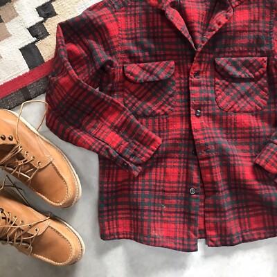 Vintage 60's Pendleton Shadow Plaid Wool Button Up Front Shirt Top