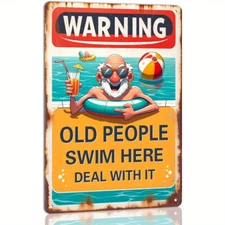 2D Old People Swim Here Warning Painted Tin Metal Signs - Vintage Pool Rules Pos