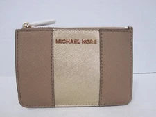 Michael Kors Khaki Center Stripe Small Top Zip Coin Pouch with ID Holder Wallet