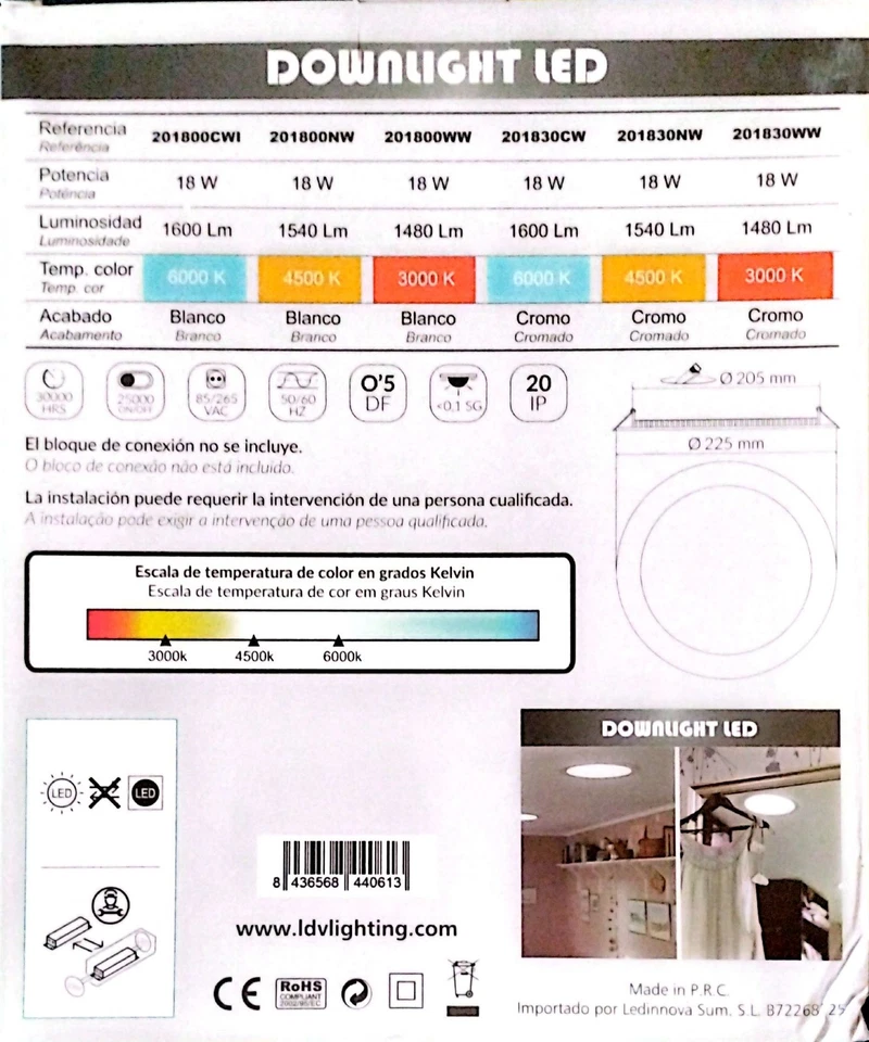 Downlight Led 18w 6000K luz fría 225 mm 120° Blanco  - Imagen 2 de 4