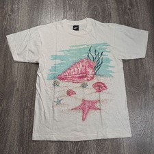 Vintage 90s Diamond Dust Seashell Starfish Glitter Art T-Shirt Made In USA Large