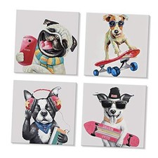 Colorful Gallery Pet Canvas Painting Puppy 12x12 Inch x 4 Pcs Funny Dogs