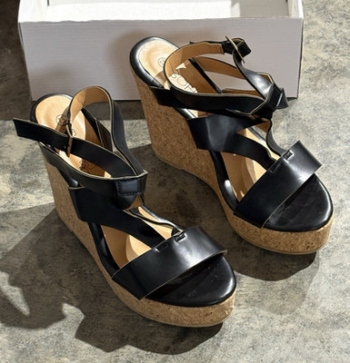 SOHO Shoes Women s Black Faux Leather Strappy Wedge Sandals Ankle Strap 7.5