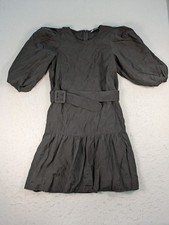 Zara Mini Dress Womens XS Black Crew Neck Belted Puff Sleeve Back Zip Outdoor 
