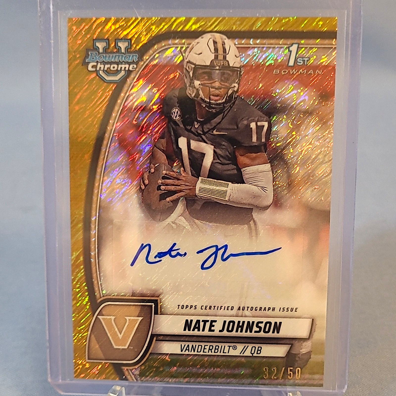 Topps 2024 Bowman Chrome U Nate Johnson Gold Shimmer Auto RC /50 Vanderbilt