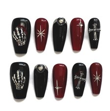 Gothic Black Red Press On Nails 3D Cross Skeleton Medium Coffin Fake Nail Art