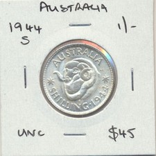 Australia: 1944-S King George VI Silver One Shilling 1/- Cat $60 UNC