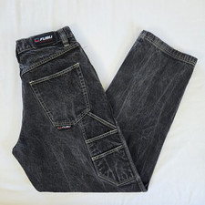 VTG 90s FUBU Black Denim Carpenter Cargo Jeans Baggy Fit Mens 32x34 30x33.5 
