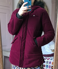 Burgundy Red Velvet Velour Quilted Puffer Coat Jacket Fur Trim Hood 10 12