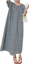 Women's Casual Gingham Loose-Fit Swing Dress Cotton Lantern Puff Sleeve Plaid