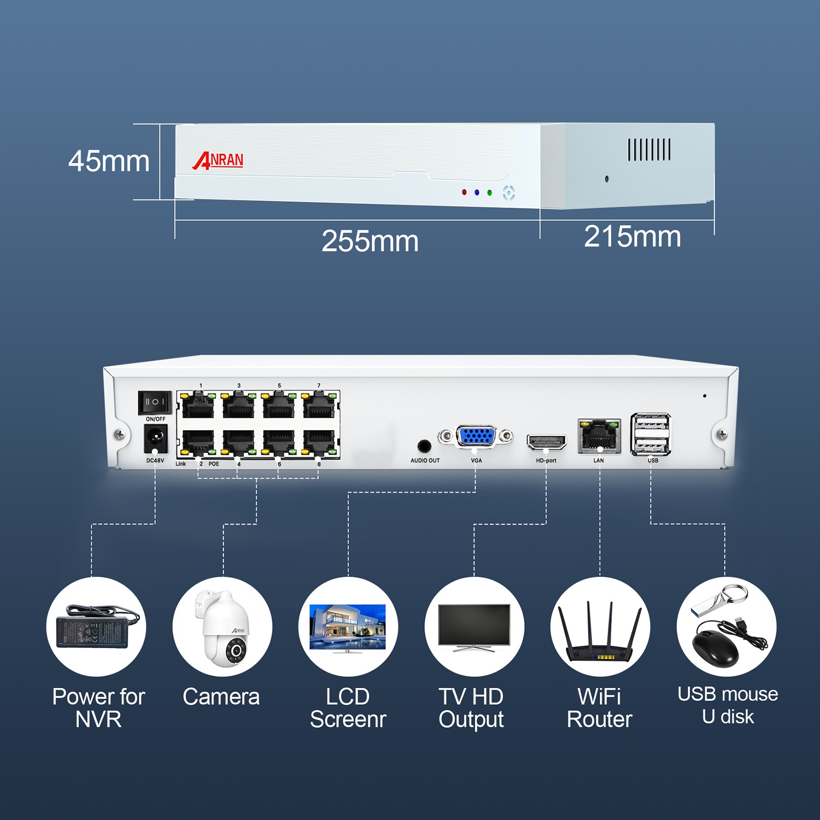 ANRAN 8MP 8Channel 2TB NVR Kit Outdoor PoE Security Camera System 360&deg;PTZ 4-Pack
