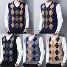 Casual Wool Knit Sweater Vest Argyle Design V Neck Sleeveless Mens Clothing