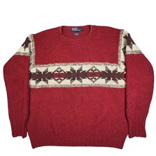 Polo Ralph Lauren Hand Knit Wool Sweater Mens XL Red Nordic Fair Isle Vintage