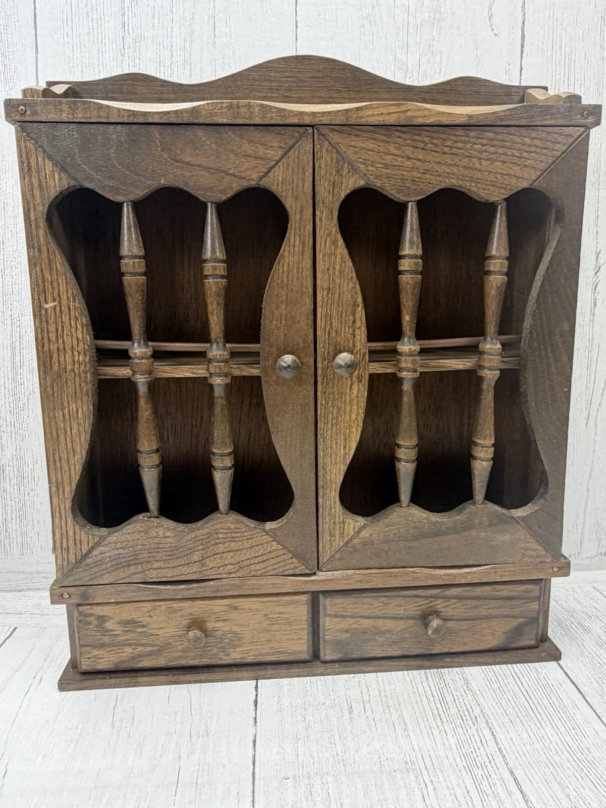 Vintage Wood Wall Mount Spice Rack Cabinet Spindle Doors 2 Drawer