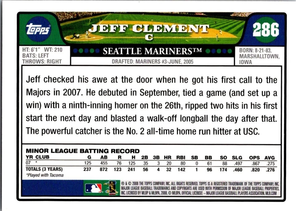 2008 Topps - Jeff Clement #286 - Image 2 of 2