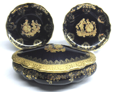 Limoges 22k Gold Porcelain Vanity Jewelry Box & Dish Set Courting Couple Cobalt