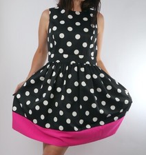 RED Saks Fifth Avenue Black Polka Dot Pink Trim Sleeveless Fit Flare Dress Sz 10