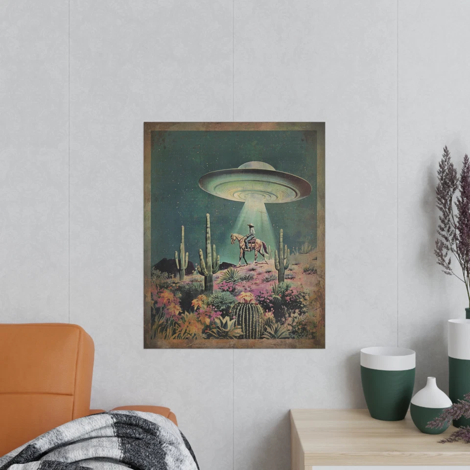 Arte de pared vintage OVNI COWBOY, decoración occidental alienígena de ciencia ficción, impresión de flores de cactus UAP Foto 4 de 4