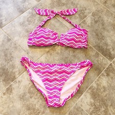 GAP Body Hot Pink Chevron Padded Halter Bikini Swim Set Small Medium