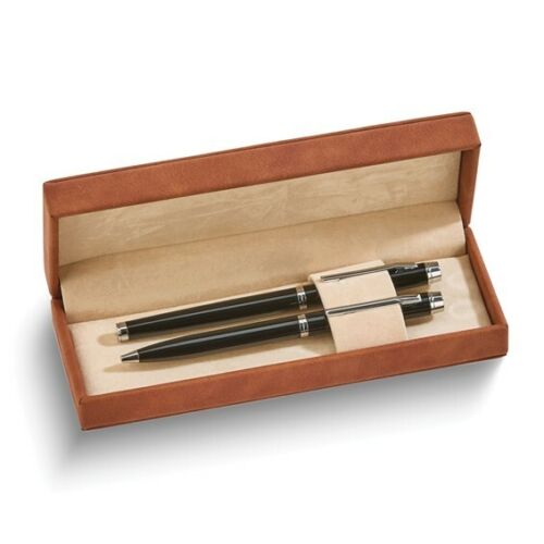 Black Ink Roller Ball and Ball-point Pen Set in Brown Leatherette Gift Box - Picture 1 of 3