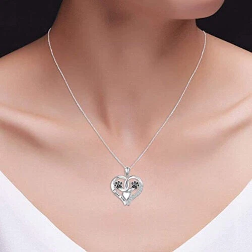 Paw Print Heart Pendant 18" Necklace Round Natural Diamond 14k White Gold Plated - Image 2 of 3
