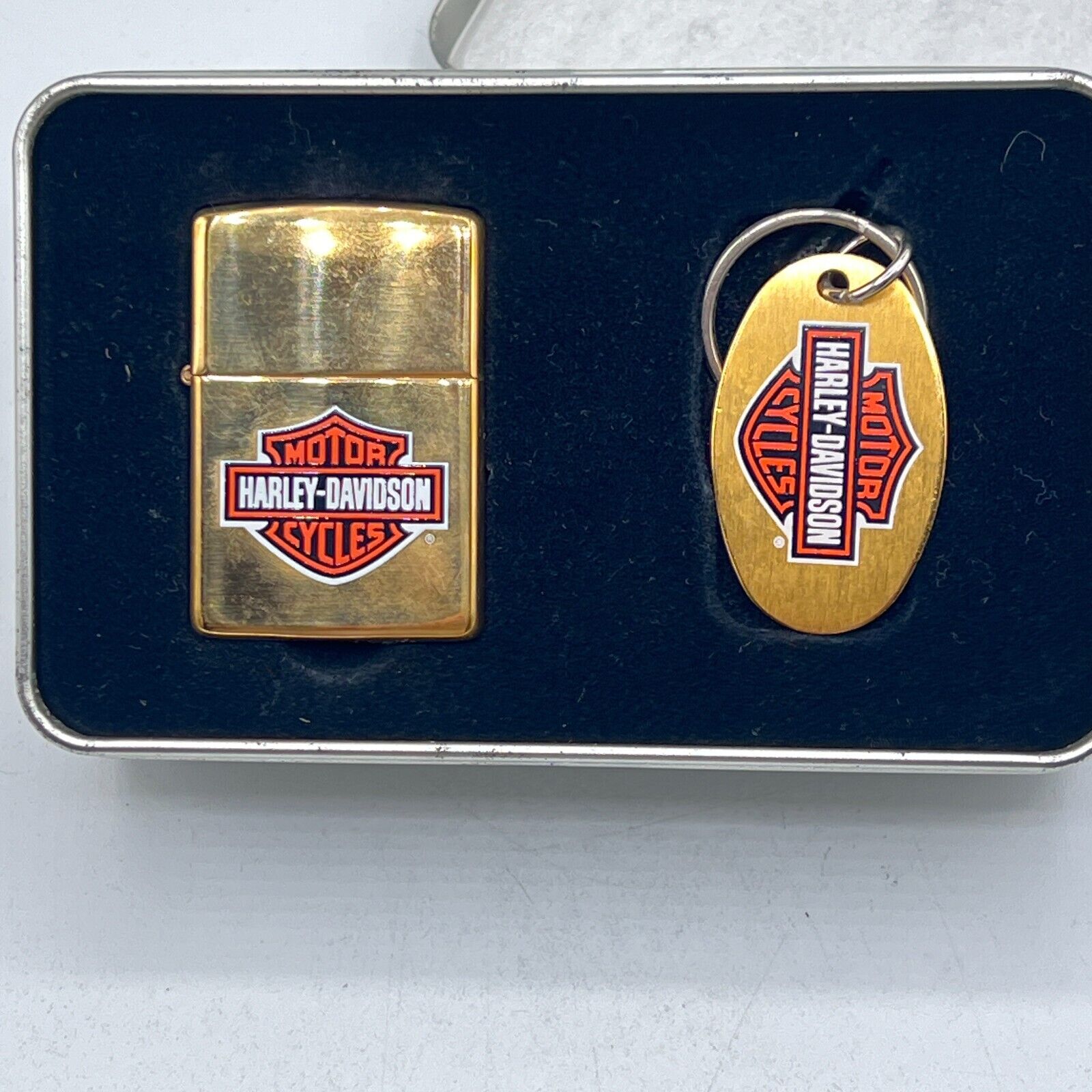 1997 Zippo Brass Harley Davidson Logo and Key Ring Gift Set NOS