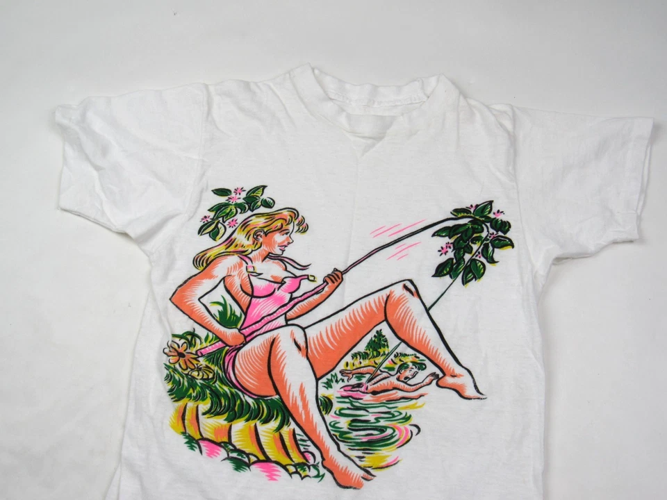Vtg 1950's Pin-up Novelty Print Shirt Woman Fishing for Man Funny Mid Century - Image 2 of 4