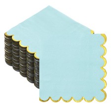 200 Pcs Scalloped Cocktail Napkins with Gold Foil(5 x 5 Inch, Light Blue)
