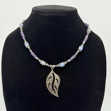 Handcrafted Amethyst Agate & Labradorite Bead 18 inch Necklace W/ Leaf Pendant