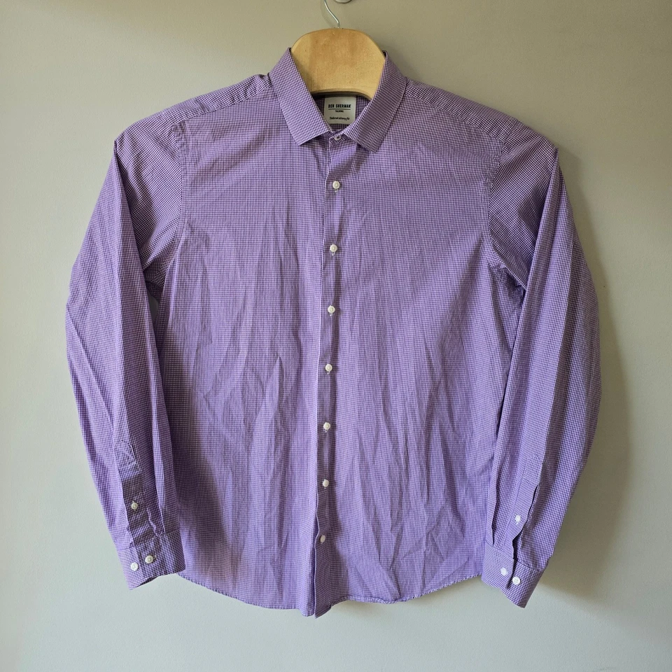 Camisa de vestir BEN SHERMAN a medida ajustada de guinga púrpura blanca para hombre talla 17 Foto 2 de 4