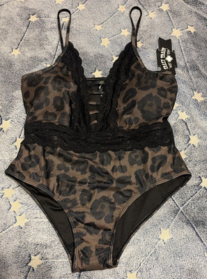 Crazy Train One Piece Leopard Print Brown Black Padded Cup Swimsuit Sz Large NWT