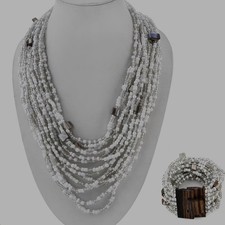 Seed Bead Boho Necklace Bracelet Set Beige Multi Strand Wooden Clasp 19" New
