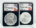 2021 Silver Eagle T1 reverse & T2 reverse, 2-Coin Set, Mercanti Signed NGC MS70