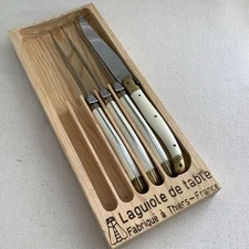 VTG Set (4) Laguiole Jean Dubost Knives Light Horn & Double Brass Bolster France