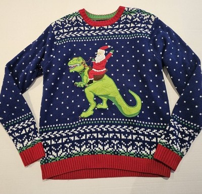 Blizzard Bay- Men's Ugly Christmas Sweater- Santa Riding Trex Dinosaur Bells- L