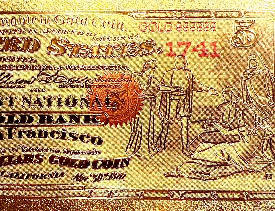 1870 $5 BILL UNITED STATES 24K GOLD BANKNOTE IN PROTECTIVE SLEEVE COA - Image 3 of 4