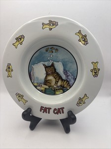 Fat Cat Nap Pet Bowl Dish Fish Vintage 1990s Gary Patterson Ceramic
