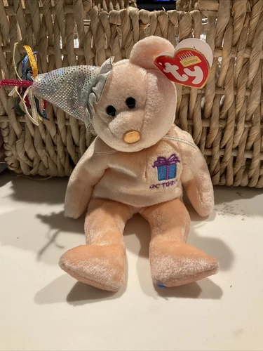2002 Ty Beanie Baby October Birthday Bear W/Party Hat Vintage Stuffed Animal