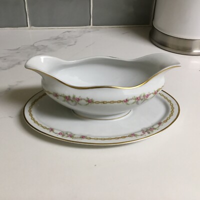 Haviland & Co. Attached Gray Boat Dish H&Co. Bavaria Gold Link Floral Dinnerware