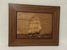 Vintage Galleon Sailing Ship Motif Picture Marquetry Inlaid Wood 15x12 Man Cave