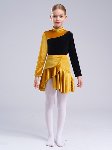 Girls Outfit Color Block Dancewear Latin Set Tango Bodysuit And Miniskirt Show - Picture 8 of 33