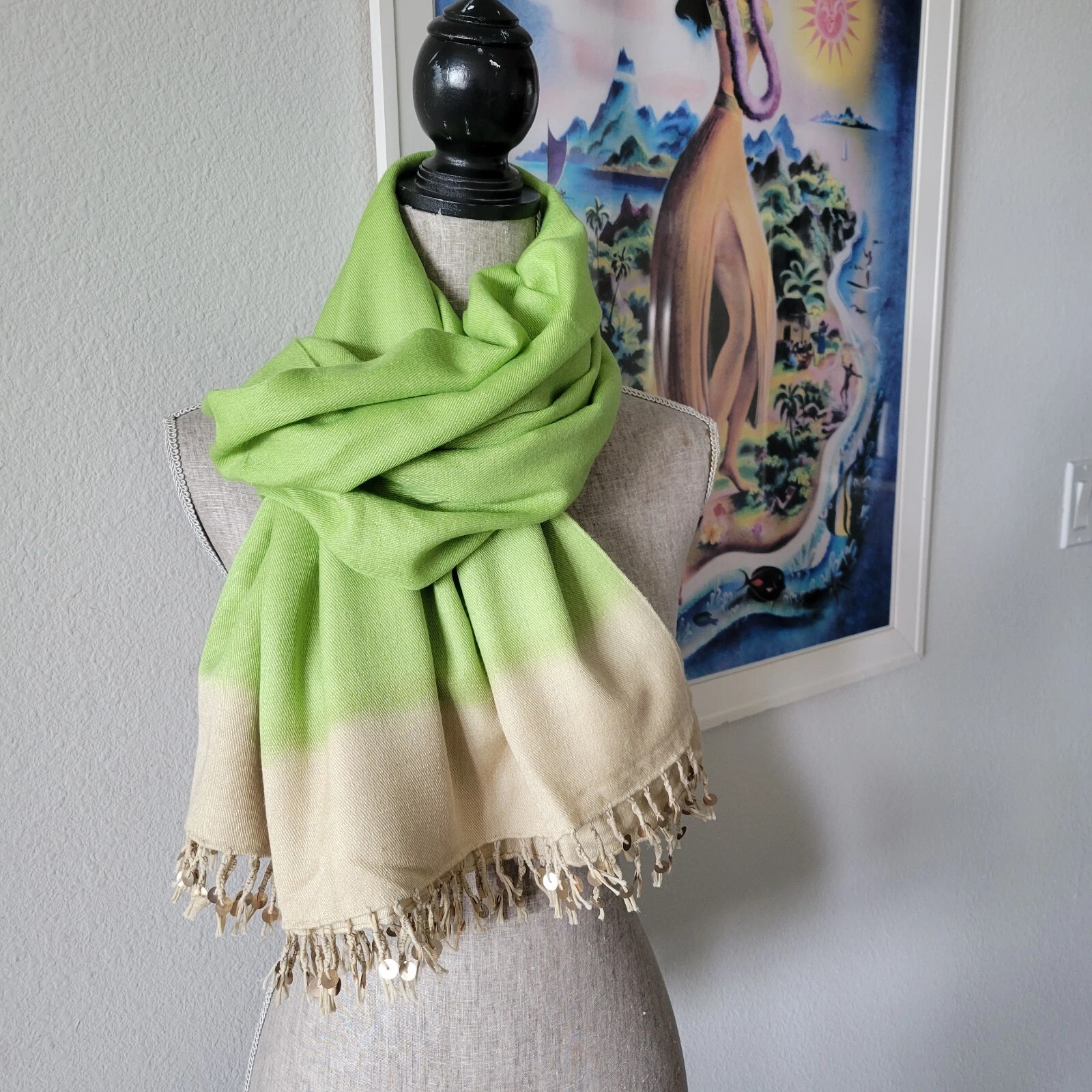 BAJRA Pashmina Cashmere Silk Pashmina Shawl Wrap Fringe Sequin Ombre Green (EUC)